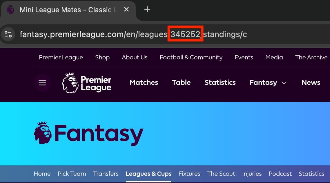 The FPL league page URL with the league ID circled